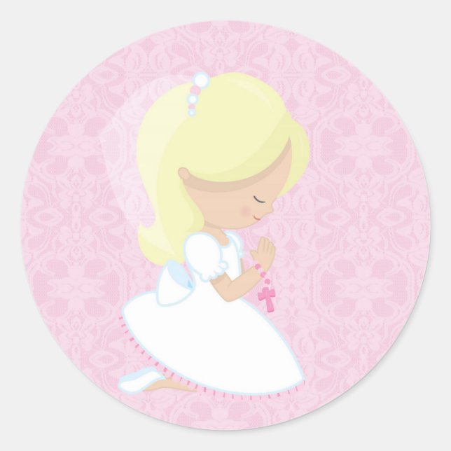 Little Blonde Girl, Pink, First Communion Classic Round Sticker (Front)