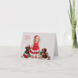 Little Blonde Girl with Dachshund Christmas Card