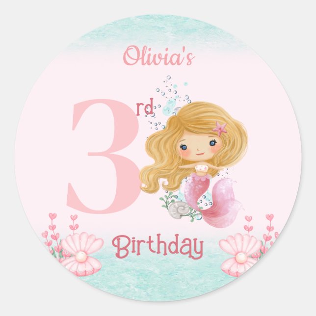 Little Blonde Mermaid Pink Girl Birthday Classic Round Sticker (Front)