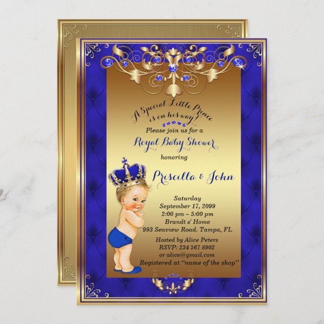 Little Blonde Prince Baby Shower Invitation,Navy Invitation (Front/Back)