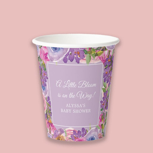 Little Bloom Purple Pink Floral Baby Girl Shower Paper Cups (Pink and purple watercolor floral "Little bloom" baby girl shower paper cup)