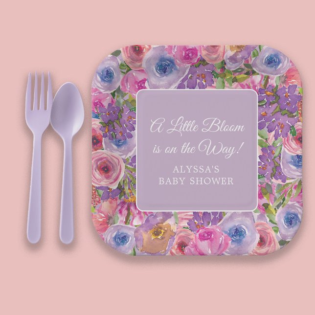 Little Bloom Purple Pink Floral Baby Girl Shower Paper Plate (Little Bloom baby girl shower paper plate with purple and pink watercolor flowers)