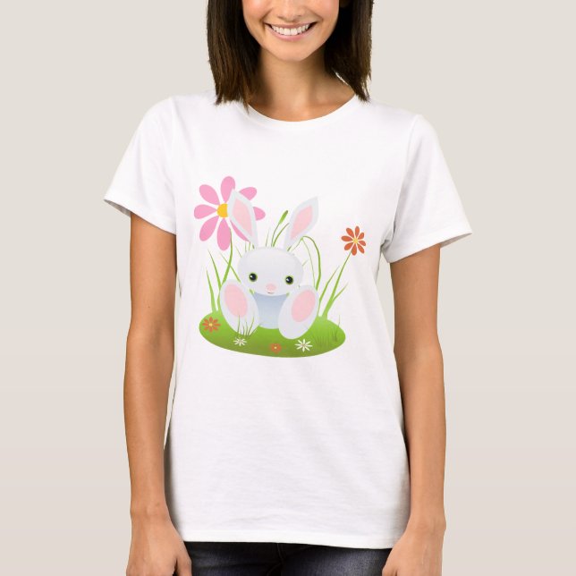 Little Blue Bunny With Flowers T-Shirt (Front)
