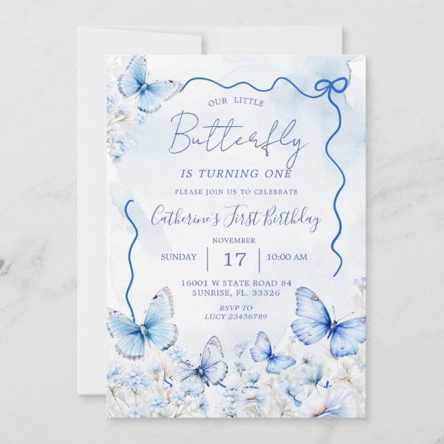 Little Blue Butterflies Birthday Party Invitation (Front)