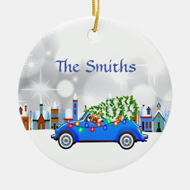 Little Blue Car & Tree Christmas Custom Ceramic Ornament (Front)