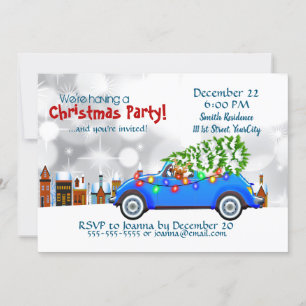 Little Blue Car & Tree Christmas Custom Invitation