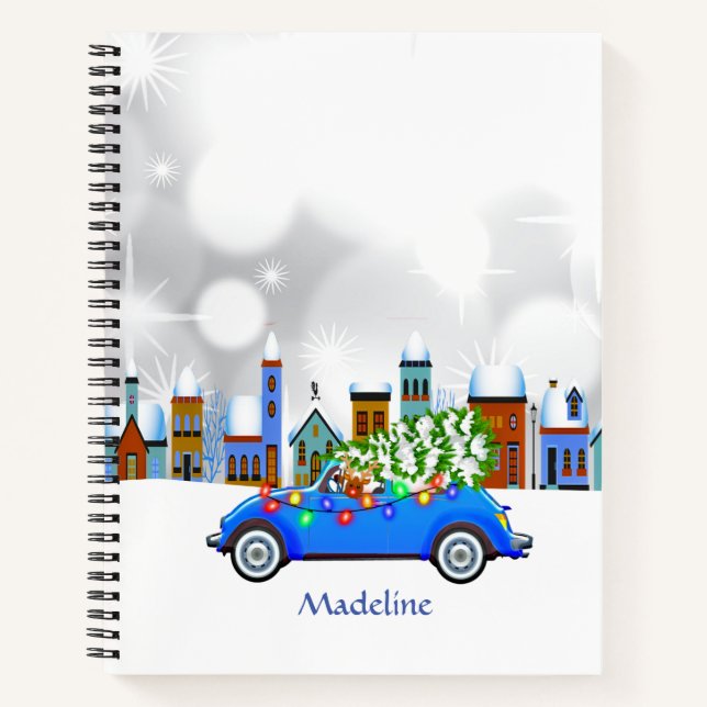 Little Blue Car & Tree Christmas Custom Notebook (Front)