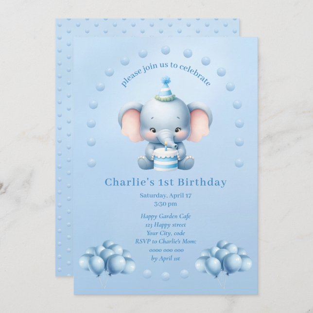 Little Blue Elephant Kids Birthday Invitation (Front/Back)