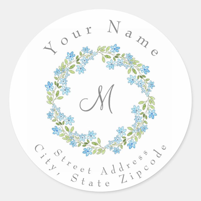 Little Blue Flowers Wreath Address Label (Front)