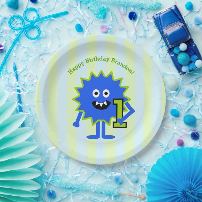 Little Blue Monster Boy Cute 1st Birthday Paper Plate (Party)