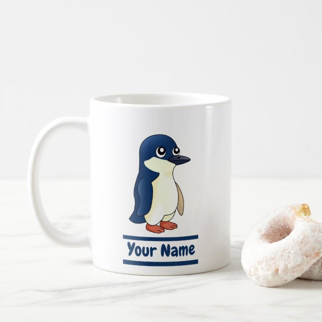 Little Blue Penguin cartoon with custom text Coffee Mug (With Donut)
