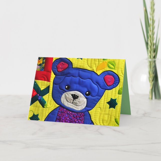 Little Blue Teddy Bear Quilt Like Design  Birthday Thank You Card (Front)