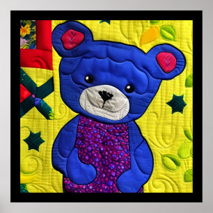 Little Blue Teddy Bear Quilt Like Design Poster