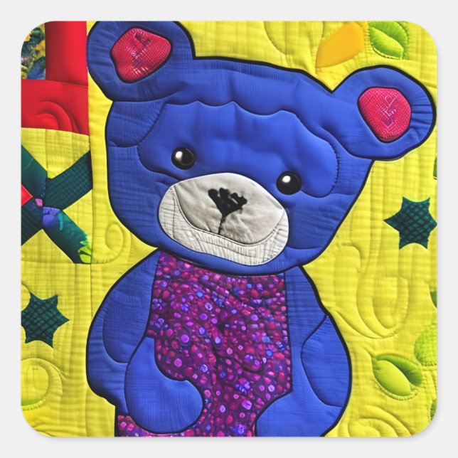 Little Blue Teddy Bear Quilt Like Design Square Sticker (Front)