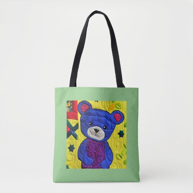 Little Blue Teddy Bear Quilt Like Design Tote Bag (Front)