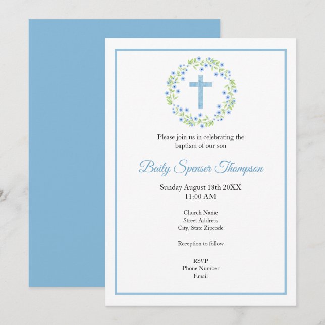 Little Blue Watercolor Blossoms Wreath & Cross  Invitation (Front/Back)