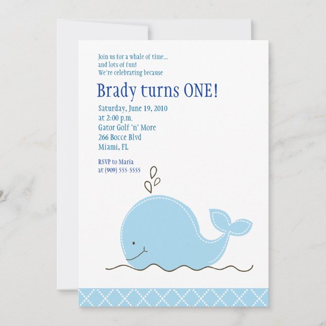Little Blue Whale 5x7 Birthday Invitation (Front)