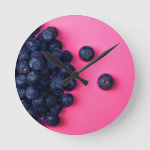 Little Blueberries Happy Pink Background - Fruit P Round Clock