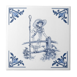 Little Bo Peep Shepherdess Girl Delft Blue & White Ceramic Tile