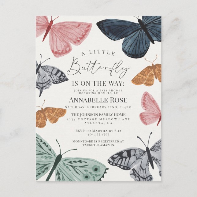 Little Boho Butterfly Girl Baby Shower Invite Postcard (Front)