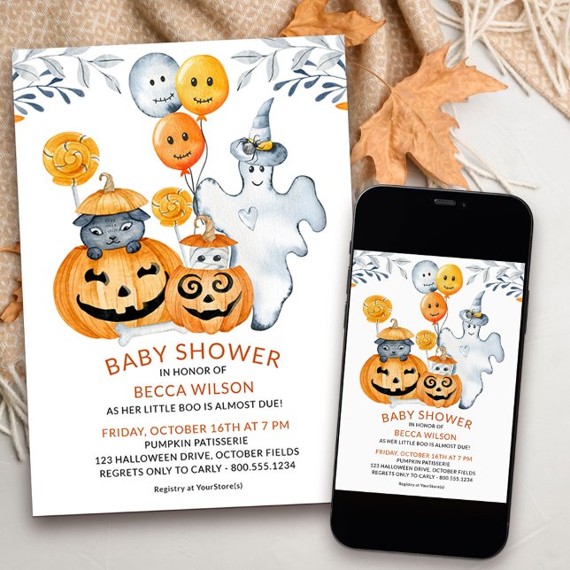 Little Boo Almost Due Cute Halloween Baby Shower Invitation (Cute halloween baby shower invitation for when her little boo is almost due)