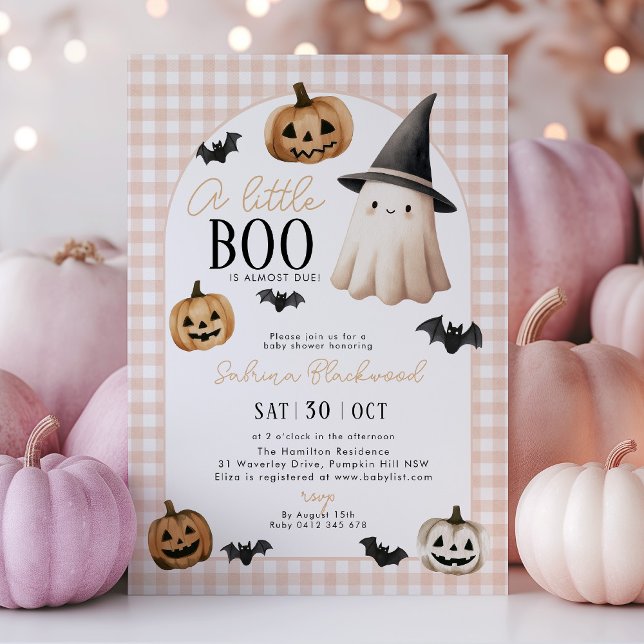 Little Boo Baby Shower Orange Ghost Pumpkin Invitation (A little Boo is almost due! Orange halloween themed baby shower invitation with ghost and pumpkins)