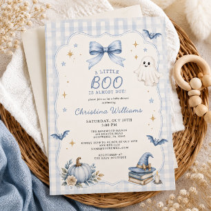 Little Boo Blue Gingham Halloween Baby Shower Invitation
