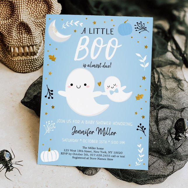 Little Boo Blue Gold Ghost Pumpkin Baby Shower Invitation (Creator Uploaded)