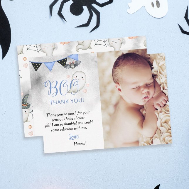 Little Boo Blue Halloween Ghost Baby Shower Photo Thank You Card (Creator Uploaded)