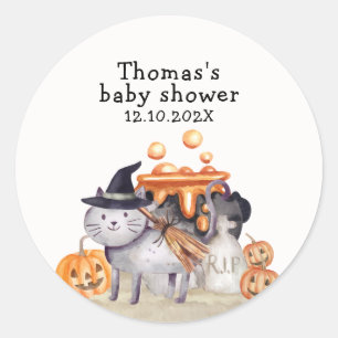 Little Boo Cat In Witch Hat Brewing Baby Shower Classic Round Sticker