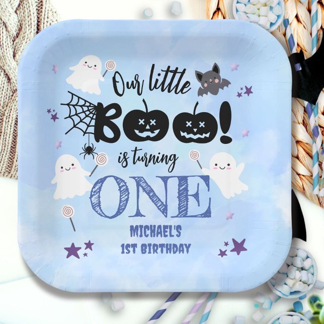 Little Boo! Cute Blue Boy Halloween 1st Birthday Paper Plate (Creator Uploaded)