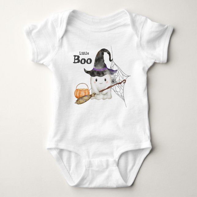 Little Boo Cute Ghost Halloween 1st Birthday Baby Bodysuit (Front)