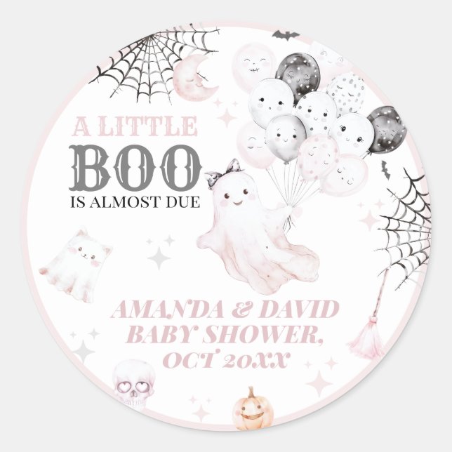 Little Boo Cute Ghost Halloween Baby Girl Shower Classic Round Sticker (Front)