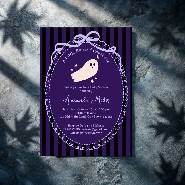 Little boo cute ghost Halloween baby shower Invita Invitation (Little boo cute ghost Halloween baby shower Invitation cards template purple stripes retro bow borde)