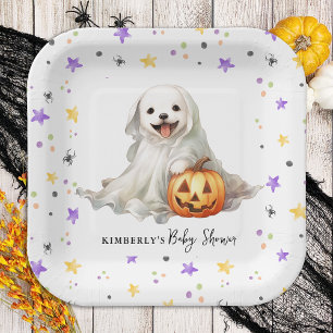 Little Boo Cute Halloween Watercolor Baby Shower Paper Plate