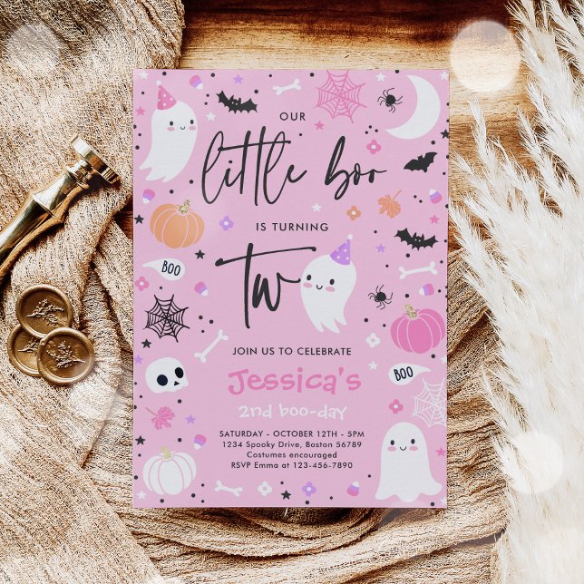 Little Boo Cute Pink Ghost 2nd Birthday Party Invitation (Creator Uploaded)