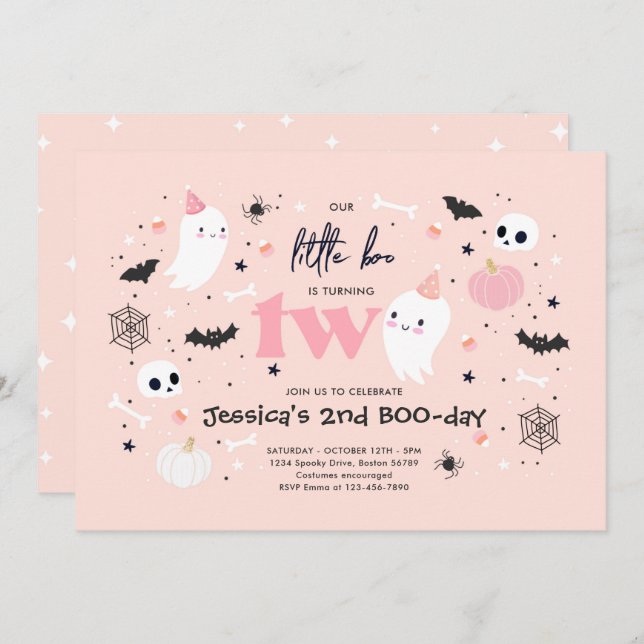 Little Boo Cute Pink Ghost Halloween 2nd Birthday Invitation (Front/Back)