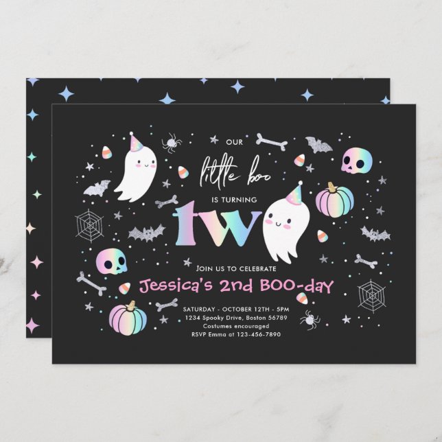 Little Boo Cute Pink Ghost Halloween 2nd Birthday Invitation (Front/Back)