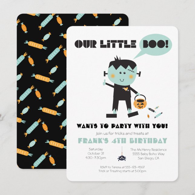 Little Boo Frankenstein Halloween Birthday Party Invitation (Front/Back)