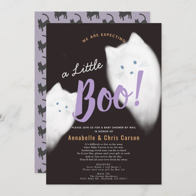 Little Boo Ghost Cat Halloween Baby Shower by Mail Invitation (Front/Back)