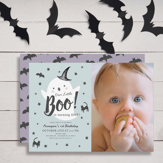 Little Boo Ghost Halloween Blue 1st Birthday Photo Invitation (Creator Uploaded)