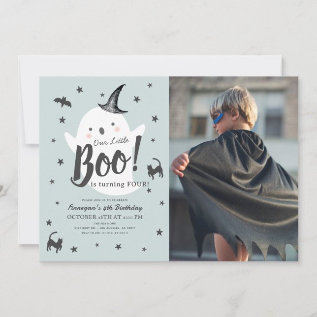 Little Boo Ghost Halloween Blue Birthday Photo Invitation (Front)