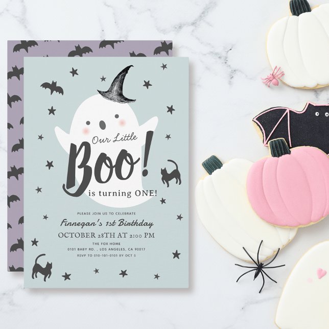 Little Boo Ghost Halloween Blue Boy 1st Birthday Invitation (Creator Uploaded)