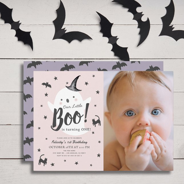 Little Boo Ghost Halloween Pink 1st Birthday Photo Invitation (Creator Uploaded)
