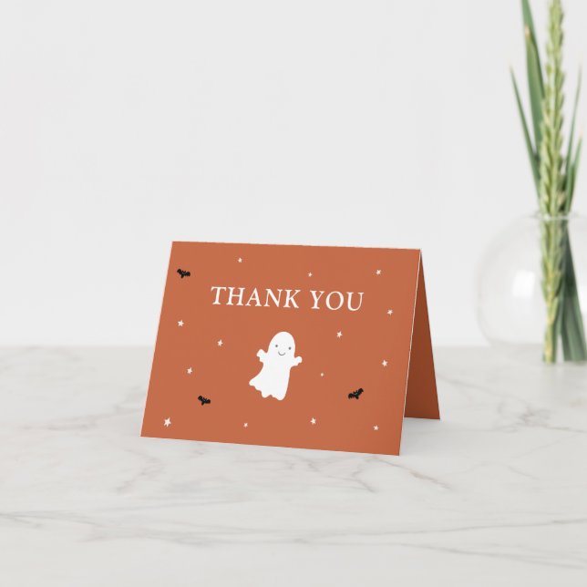 Little Boo Ghost Orange Baby Shower Thank You Card (Front)