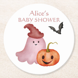 Little Boo Ghost Pumpkin Halloween Baby Shower Round Paper Coaster