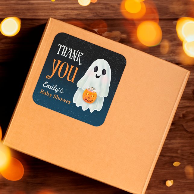 Little boo ghost pumpkin Halloween baby shower Square Sticker (Little boo ghost pumpkin Halloween baby shower Square Sticker)
