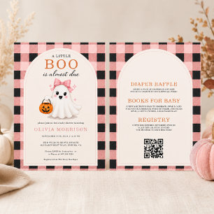 Little Boo Girl Ghost Pink Bow QR Code Baby Shower Invitation