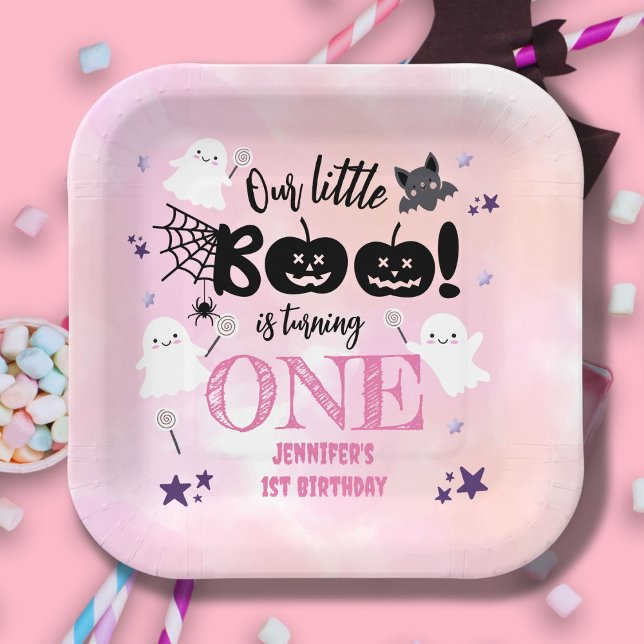 Little Boo! Girl Pink Cute Halloween 1st Birthday Paper Plate (Creator Uploaded)