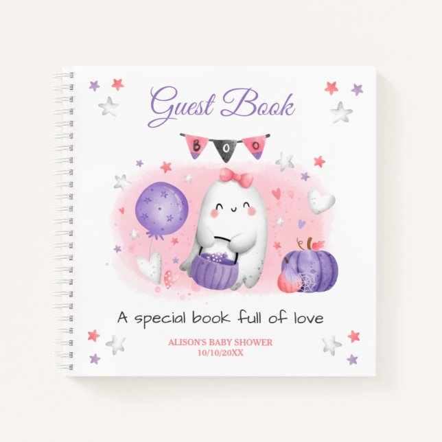 Little Boo Girl Pink Purple Baby shower Guest Book (Front)